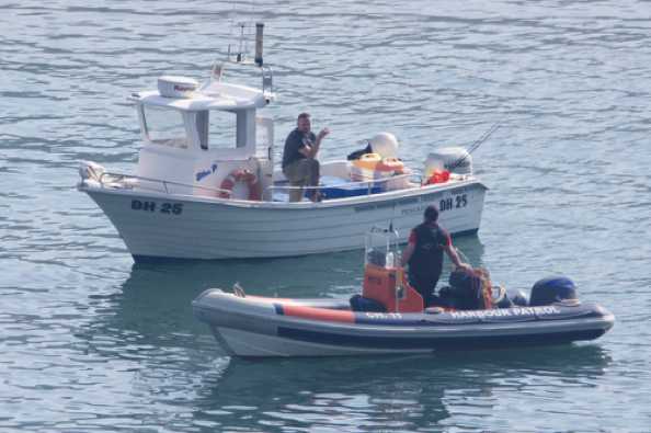 09 April 2020 - 10-25-03 
Dartmouth fishing boat Ellen P,  (DH25). 
Is a Pescado from FibraMar up Old Mill Creek. 
Chatting to the crew Dart Harbour patrol rib Metis.
--------------------
Dartmouth fishing boat Ellen P and rib Metis.